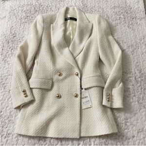 Zara Women's Cream Double-Breasted Tweed Blazer